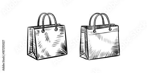 Shopping bag with handles, paper tote for retail and gifts, hand drawn illustration