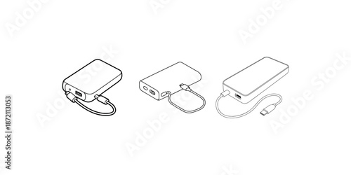 Power bank with usb cable connected to electronic device charging illustration
