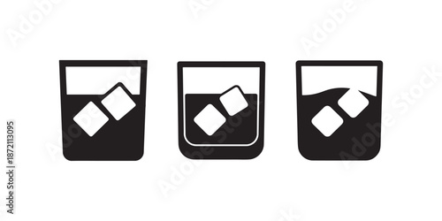 Three glasses with ice cubes and liquid drinks, cocktail drinks illustrated