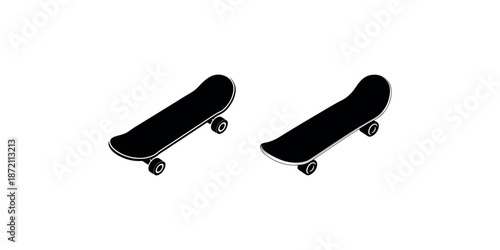 Two different black silhouette skateboards with wheels solid fill shapes extreme sport gear vector illustration
