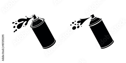 Two black silhouette icons of spray paint cans actively emitting paint splashes or aerosol
