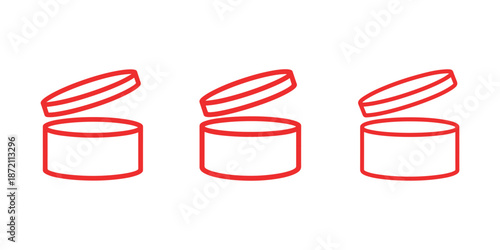Three red line icons of open cosmetic jars indicating expiration date or product usage time