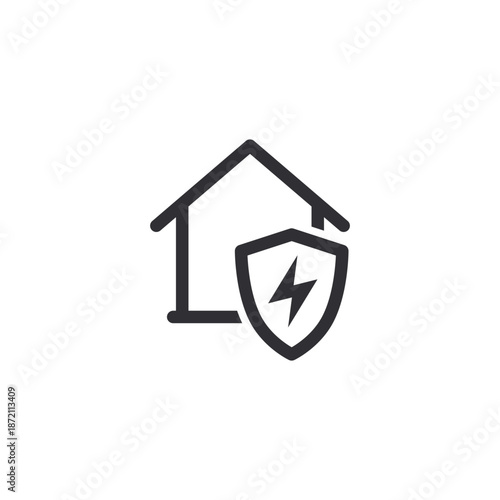Minimalist black icon of a house with a shield containing a lightning bolt. Symbolizes electrical safety, surge protection, energy security, and home infrastructure. 