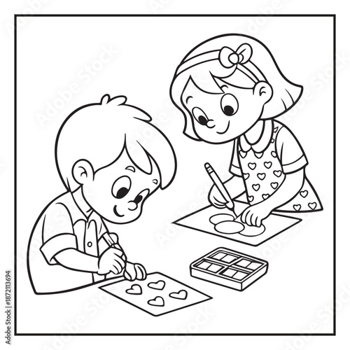 Cute Kids Couple Valentine's Day Coloring Page Vector Illustration featuring Happy Boy and Girl, Hearts, Gifts, and Romantic Scenes for Children Activity Book