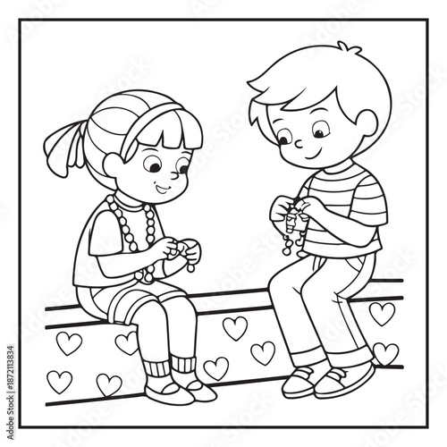 Cute Kids Couple Valentine's Day Coloring Page Vector Illustration featuring Happy Boy and Girl, Hearts, Gifts, and Romantic Scenes for Children Activity Book