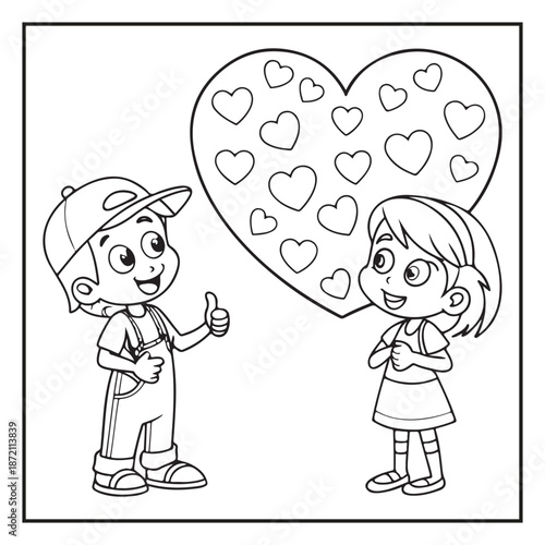 Cute Kids Couple Valentine's Day Coloring Page Vector Illustration featuring Happy Boy and Girl, Hearts, Gifts, and Romantic Scenes for Children Activity Book