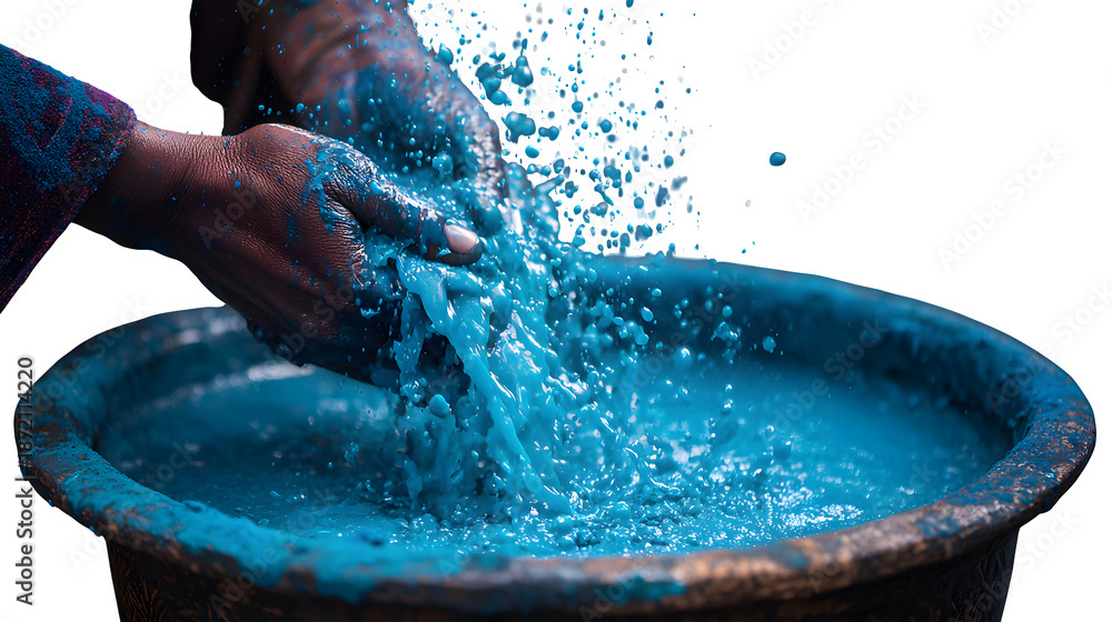 Fototapeta premium Close-up of hands pouring blue water from a bucket during Holi celebrations isolated on white background