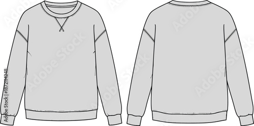 Crewneck sweatshirt technical drawing, casual pullover illustration, front and back view, apparel design template, fashion flat vector, cad