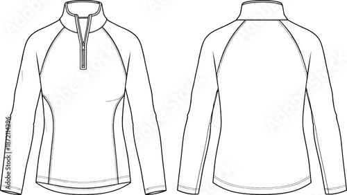 Half zip athletic top technical drawing, fashion flat illustration, front and back view, sportswear design template, vector line art, cad