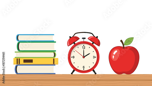 A classic still life composition on a wooden shelf features a neatly stacked pile of books, a vintage red alarm clock, and a crisp red apple, symbolizing education, time, and healthy learning habits.