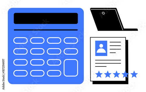 Calculator, laptop, and profile document with star rating representing online job application, performance evaluation, and digital workflow. Ideal for recruitment, productivity, hiring, HR tools