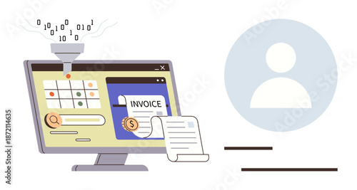 Digital invoices, data processing, automation, finance technology, paperless solutions, business management. Computer screen with invoice and user profile. Invoices and data processing concepts
