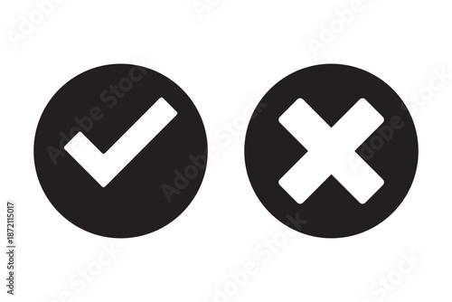 Right and wrong vector icon set rounded color black outline, flat rounded check mark, cross, x mark, circle shape 