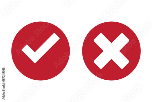 Right and wrong vector icon set rounded color black outline, flat rounded check mark, cross, x mark, circle shape 