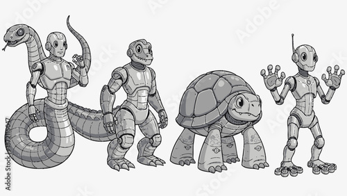 Illustration of four distinct robotic animal characters including a two-headed snake, lizard, tortoise, and frog-like robot.