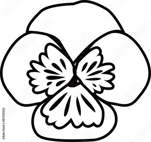 パンジーやスミレの花のアウトライン白黒線画イラスト 透明背景