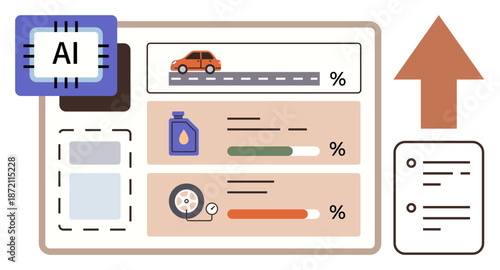 Vehicle management, smart technology, performance tracking, artificial intelligence, operational efficiency, data visualization. Car performance dashboard with metrics and AI integration. Vehicle