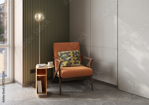 Modern cozy reading corner with armchair, floor lamp and coffee table in minimalist interior.