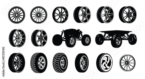 Collection of various car wheels and a silhouette of off road vehicles
