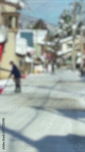 雪が積もっている街並み　路地　ぼかし