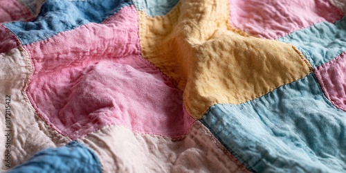 Close-up of a vibrant, colorful, patchwork quilt with soft textures and various hues