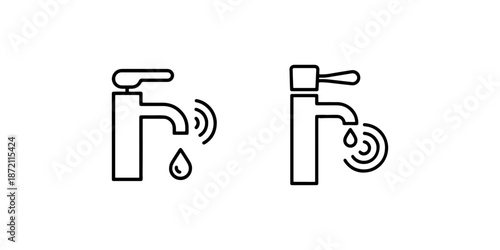 Outline icons set showing sensor faucet and manual tap with water drip and signal