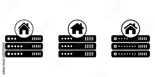 Set of three home server rack icons with indicators and status lights variations