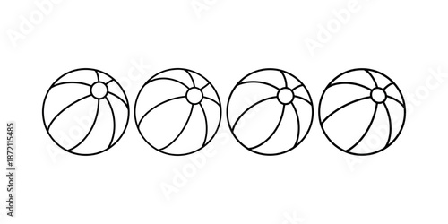 Four cartoon beach balls in a row with simple black line design and segments