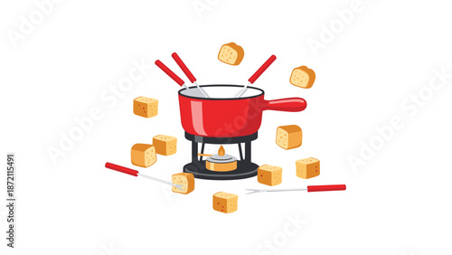 A classic red fondue pot, heated by a small flame, is surrounded by multiple fondue forks and delicious bread cubes, depicting a delightful and interactive dining experience for sharing and enjoyment.