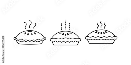 Hot pies steam from pastry in baking concept line art icons collection