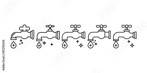 Water taps with dripping drops symbolizing plumbing liquid flow conservation