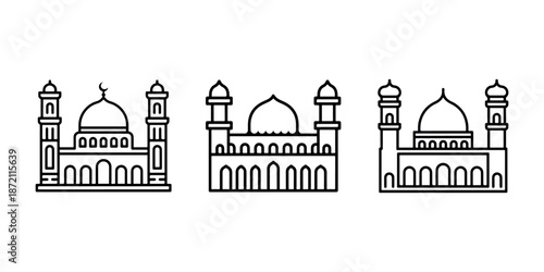 Mosques with domes and minarets, Islamic architecture symbols for prayer worship