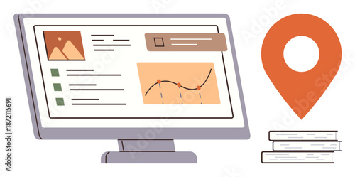 Data visualization, online research, education tools, business analytics, location mapping, information management. Monitor showing charts, lists and a location pin beside books. Data visualization
