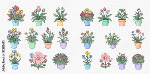 Collection of various potted flowers and plants, cartoon style illustrations on transparent background.