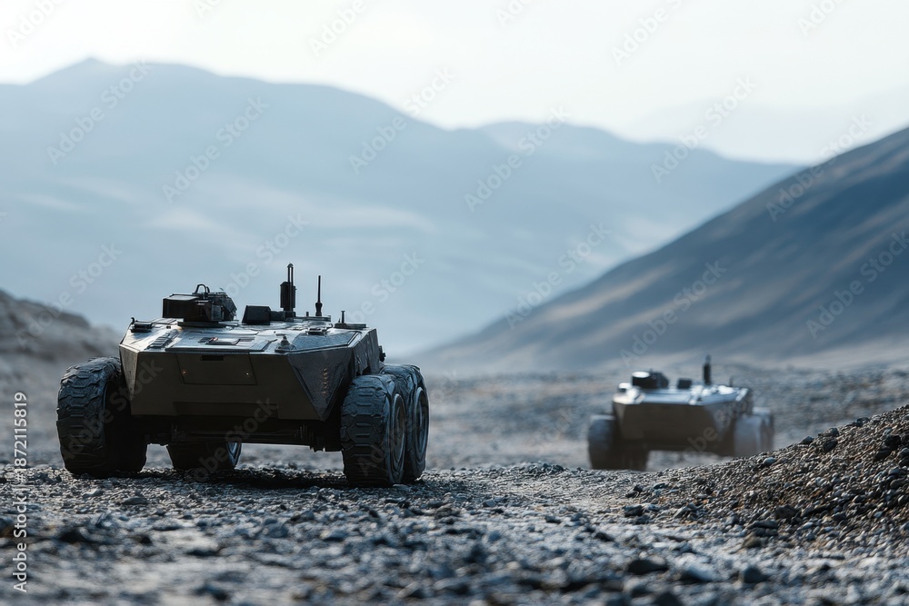 Fototapeta premium Robotic vehicles explore rugged terrain in a remote mountainous region