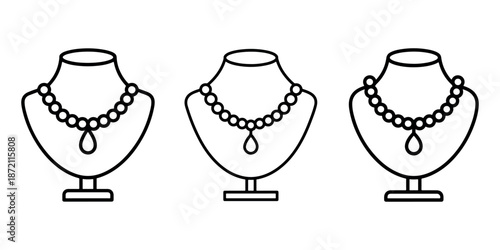 Pearl necklace on jewelry display bust icon collection in thin black line style isolated