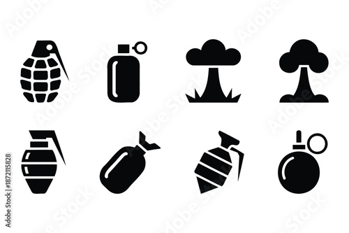 Black Silhouette Icons of Grenades and Mushroom Clouds
