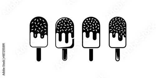 Four black ice cream popsicles with chocolate coating and sprinkles on white background