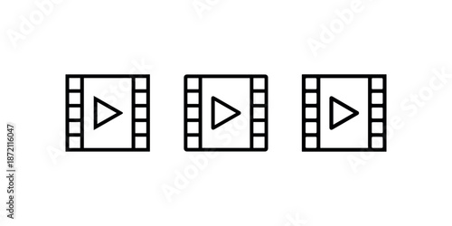 Video player film strip icon set with play button symbol for digital media streaming app