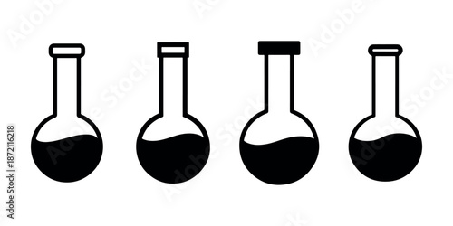 Round bottom flask with liquid icon set scientific glassware laboratory equipment vector illustration