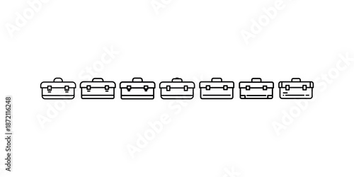 Collection of seven identical simple briefcase luggage or business bag outline icons