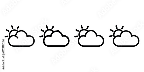 Four outline weather icons showing sun behind fluffy cloud with varying degrees of brightness