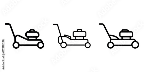 Lawn mower icons set with different handle shapes for gardening maintenance service logo