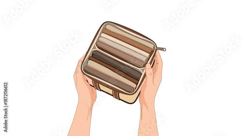 Two hands hold a small, brown zipped fabric organizer pouch, neatly packed with folded clothes, demonstrating efficient travel organization and space-saving techniques.