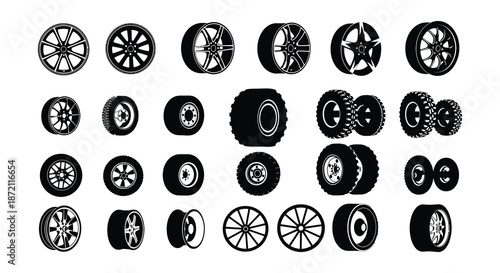 Collection of various car wheels and a silhouette of off road vehicles
