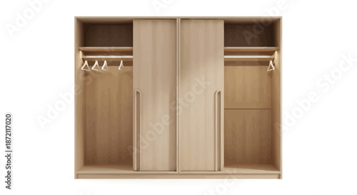 Wooden wardrobe with sliding doors and hangers on a white background