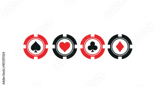 Four poker chips, two red and two black, are depicted, each featuring a unique card suit symbol: spade, heart, club, and diamond, for various card games.