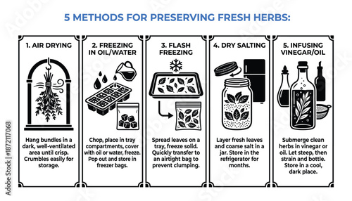 Methods for preserving fresh herbs including drying freezing salting and infusing vector