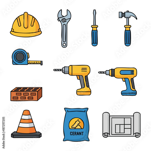 Construction Tools and Materials Icon Set.