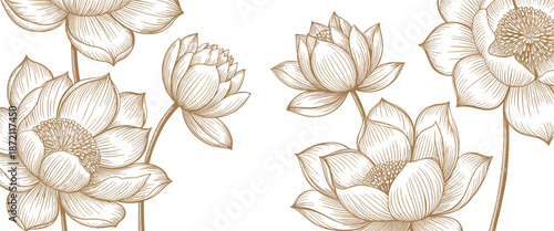 Elegant hand drawn lotus flower line art in gold outline style botanical illustration luxury floral design on neutral background
